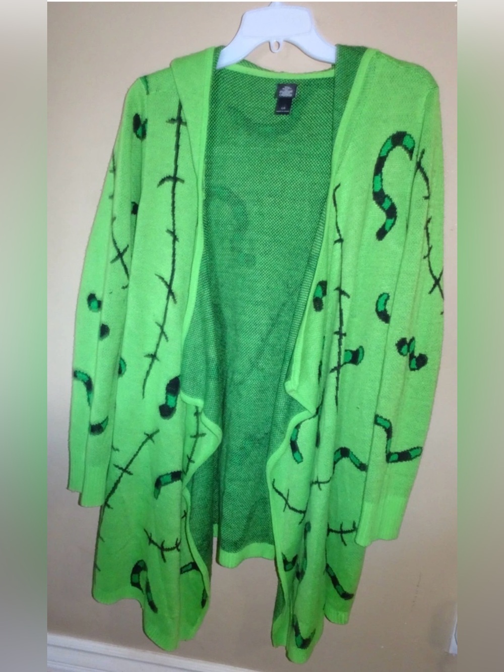 Oogie Boogie Nightmare Before Open-Front Hooded Cardigan in Bright Green - L